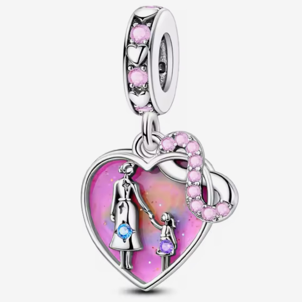 S925 Sterling Silver Mother Daughter Sapphire Heart Charm